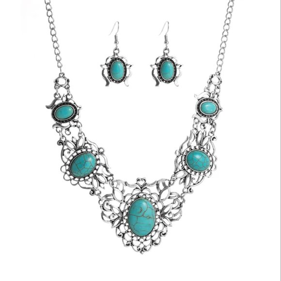 Antique Silver & Turquoise Western Southwestern Statement Necklace Earrings Set - Picture 6 of 7
